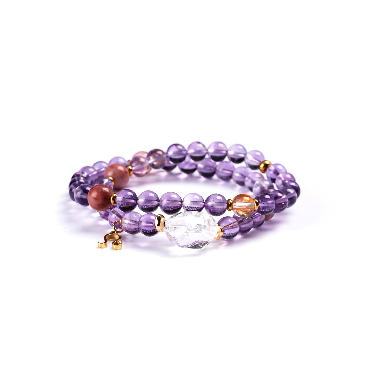 Celestial Amethyst Strawberry Quartz Clear Quartz Rhodonit Fire Quartz Leo Double-Wrap Bracelet