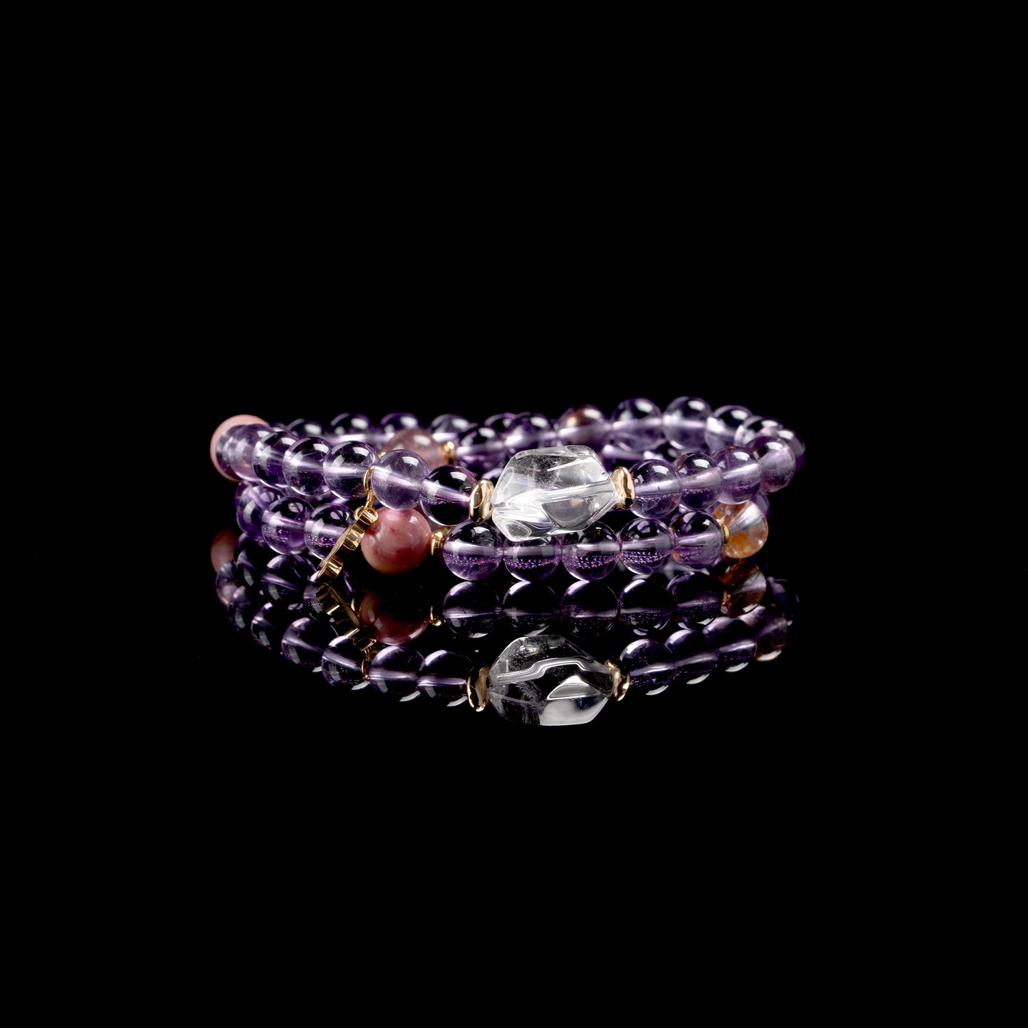 Celestial Amethyst Strawberry Quartz Clear Quartz Rhodonit Fire Quartz Leo Double-Wrap Bracelet