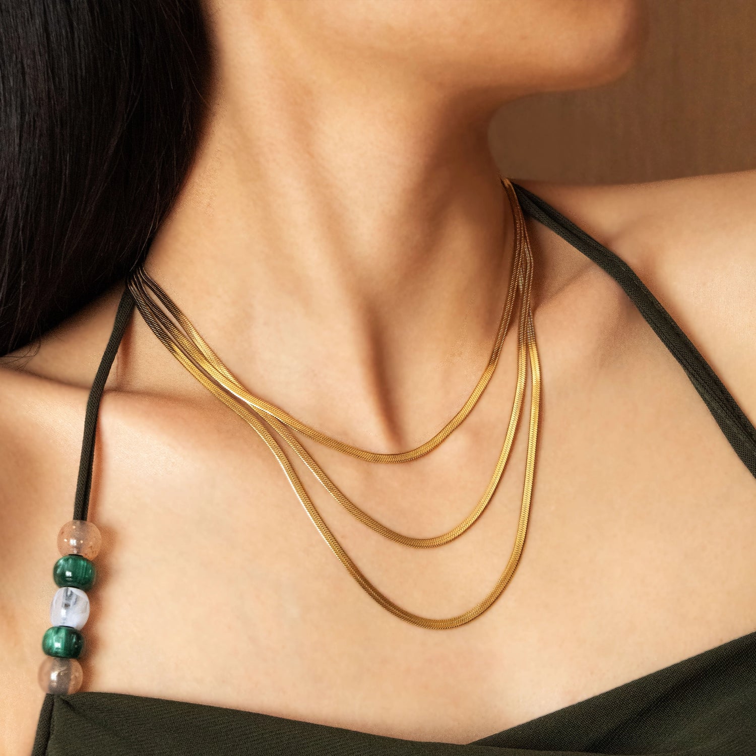 triple herringbone chain necklace for women