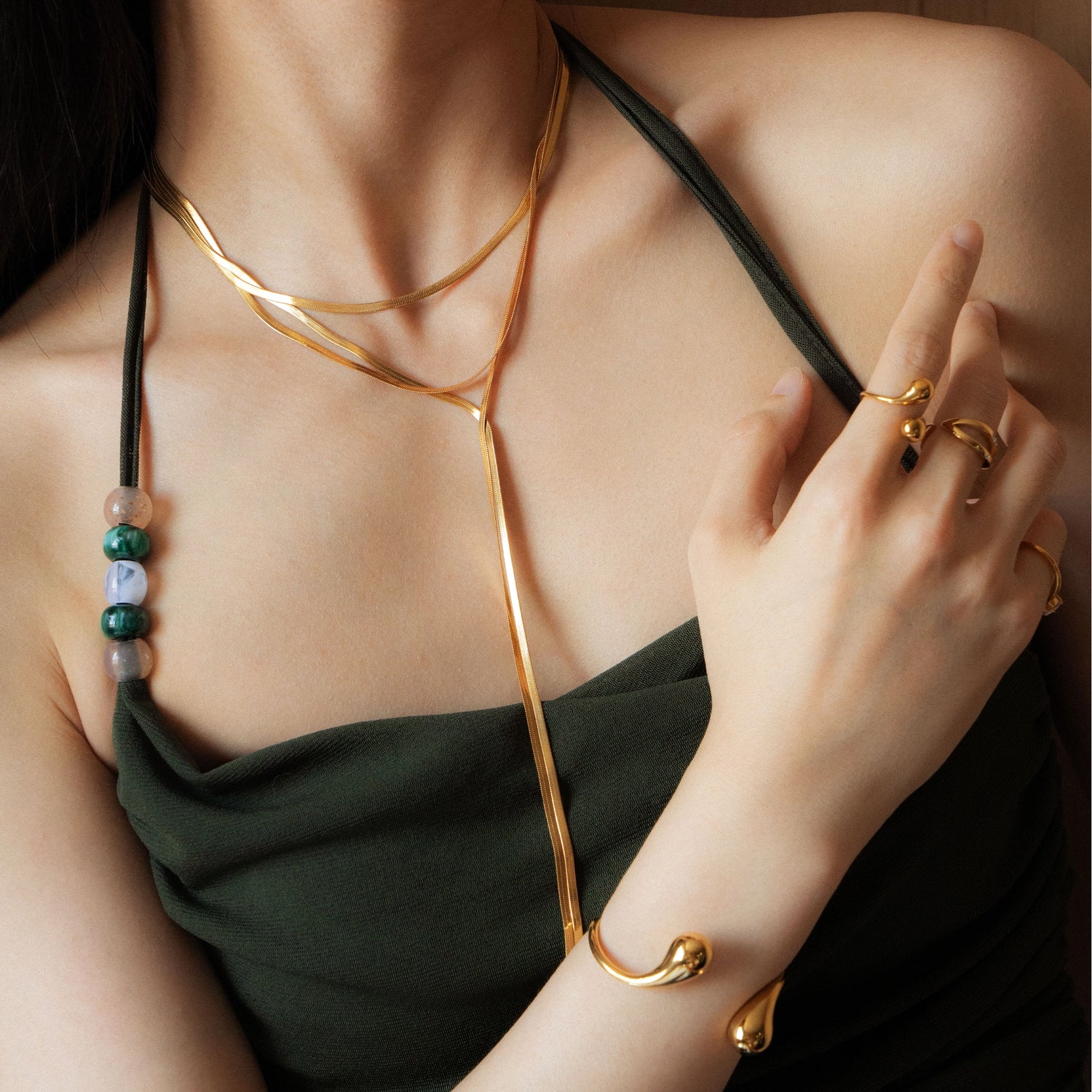 18K Layered Y-shaped herringbone chain necklace