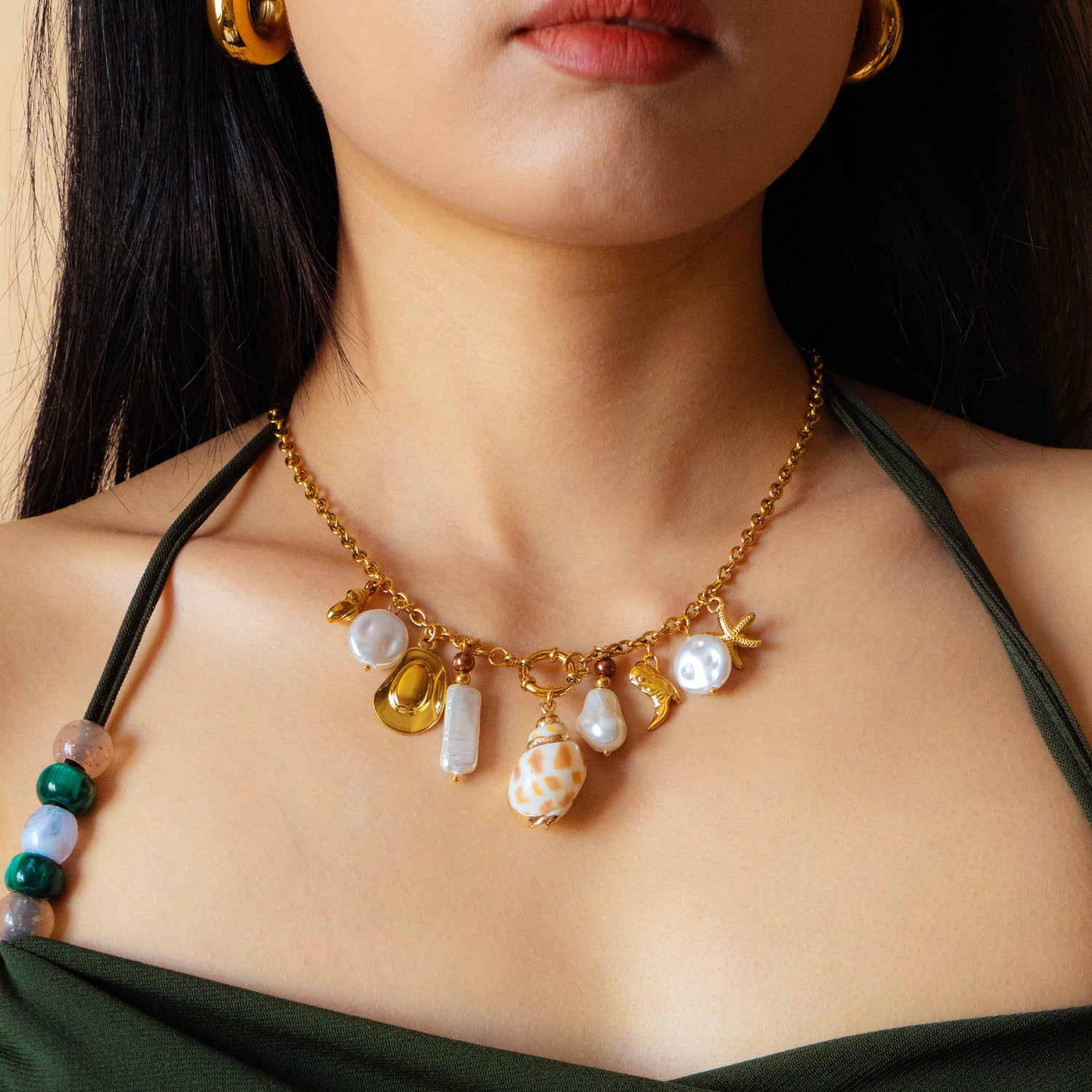 Removable Conch Pearl Pendant Station Necklace