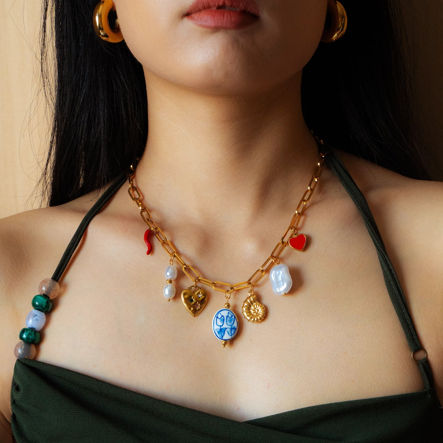 Porcelain Pearl Pendant Station Necklace